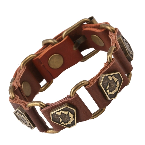 Bracciale in Pelle Punk Vintage da Uomo Regolabile in Pelle Bovina Bronzo Lega Scorpione Geometrico Fascino Gioielli
