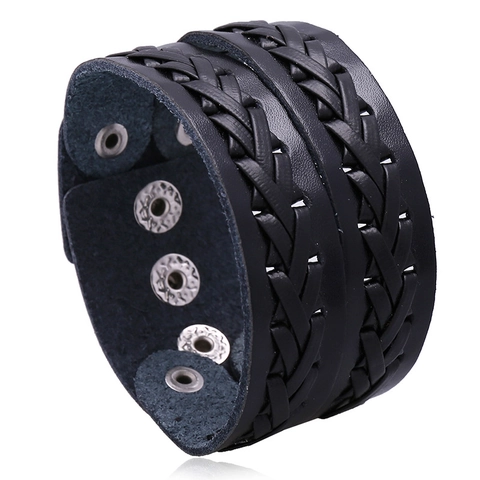 Herren Vintage Punk Geflochtenes Lederarmband Breites Mehrlagiges Wickelarmband Mit Verstellbaren Metalldruckknöpfen Casual Modeschmuck