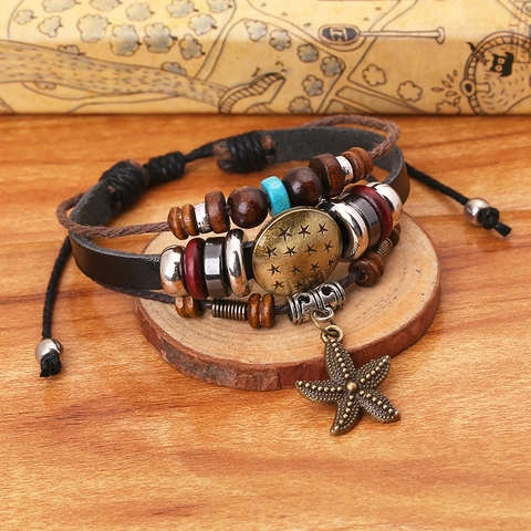 Men Vintage Cowhide Leather Bracelet Bohemian Multi Layer Braided Wood Beads Starfish Pendant Adjustable Punk Wristband Gift