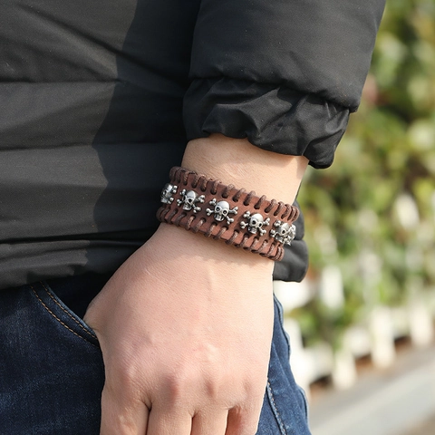Men's Punk Rock Wide Cowhide Leather Bracelet With Silver Metal Skull Rivets Hand-stitched Retro Gothic Cuff Wristband