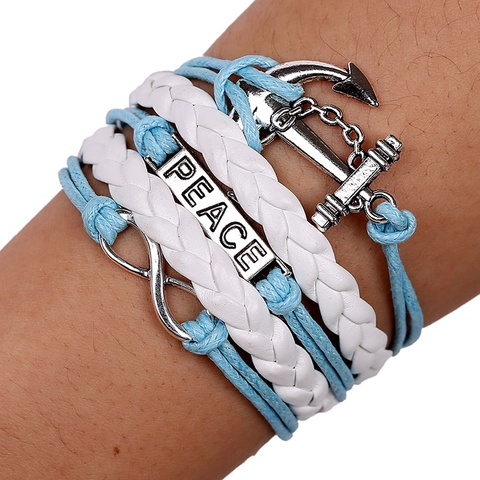 Vintage Multilayer Braided Bracelet For Women Alloy Anchor PEACE Infinity Charms Nautical Bohemian Style Jewelry Gift