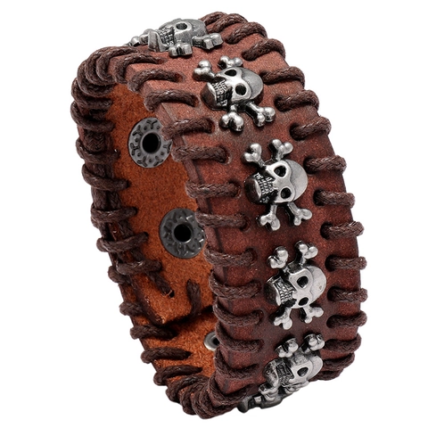 Men's Punk Rock Wide Cowhide Leather Bracelet With Silver Metal Skull Rivets Hand-stitched Retro Gothic Cuff Wristband