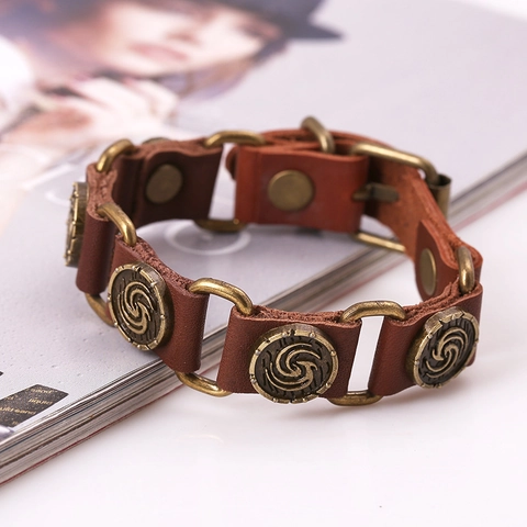 Vintage Cowhide Leather Bracelet For Men Women Retro Punk Wide Wristband Antique Bronze Spiral Metal Decorative Jewelry Gift