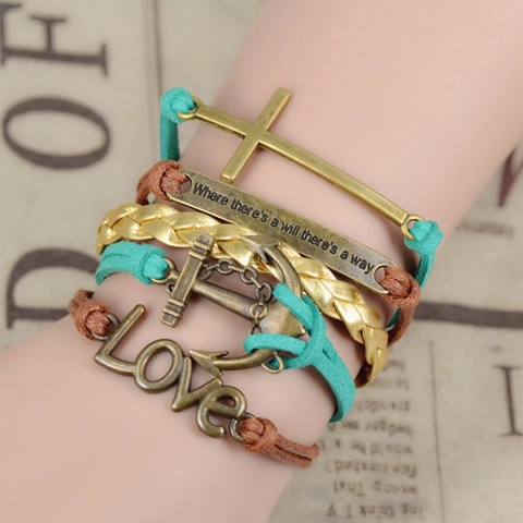 Bohemian Multilayer Woven Faux Leather Bracelet For Women Men Retro Alloy Cross Anchor Love Charm Adjustable Jewelry