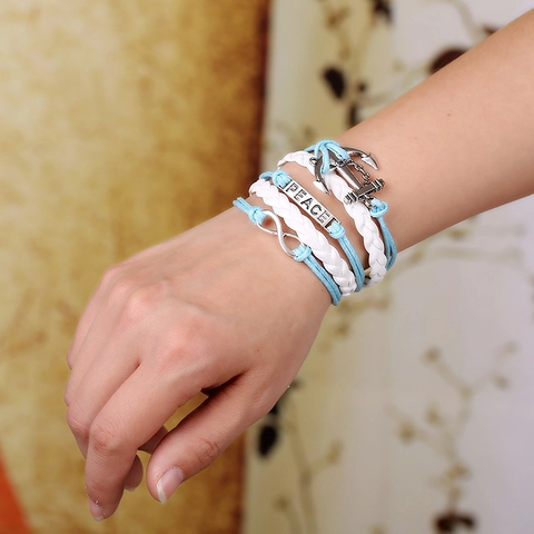 Vintage Multilayer Braided Bracelet For Women Alloy Anchor PEACE Infinity Charms Nautical Bohemian Style Jewelry Gift