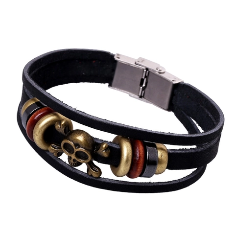 Bracciale in Pelle Intrecciata Multistrato Vintage Punk Ciondolo in Lega di Metallo a Forma di Teschio Cinturino Retro Tessuto a Mano Per Uomo Donna Gioielli