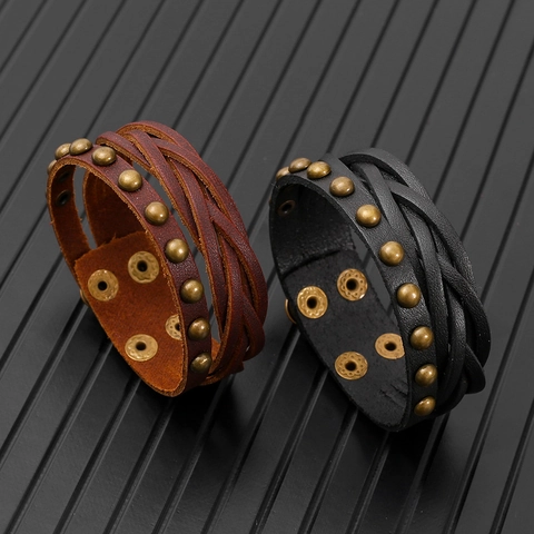 Pulsera de Cuero de Vaca Tejida Multicapa Retro para Hombre Con Remaches de Aleación Estilo Punk Brazalete de Cuero Genuino Ajustable Joyería