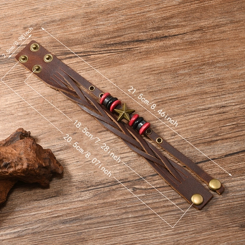 Vintage Men's Cowhide Leather Bracelet Multi-layer Woven Punk Rock Biker Style Alloy Star Wood Beads Adjustable Wrap Bangle