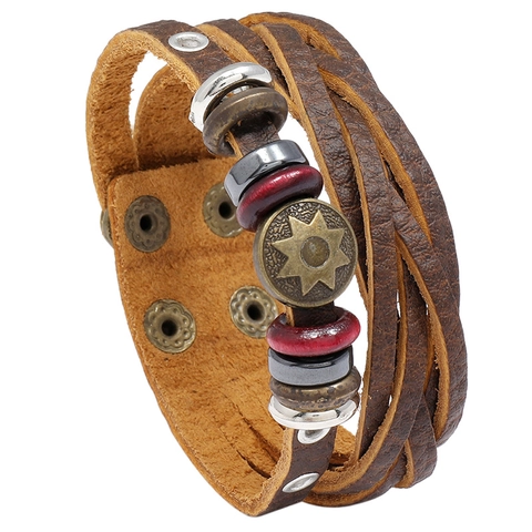 Retro Leather Multi Layer Wrap Bracelet For Men Women Vintage Punk Cowhide Cuff Handband Bronze Star Charm Ethnic Jewelry