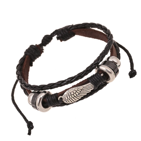 Bracciale Vintage Punk in Pelle di Vacchetta Con Ciondolo ad Ala Intrecciato a Più Strati Fatto a Mano per Uomo Donna