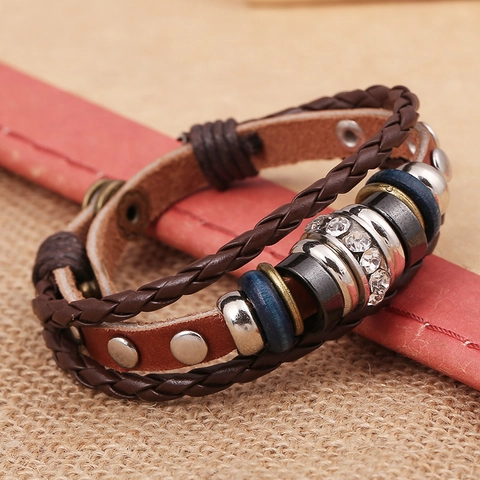 Retro Mehrlagiges Geflochtenes Lederarmband Für Damen Herren Verstellbar Punk Strass Eingelegtes Rindsleder Wickelarmband Schmuck