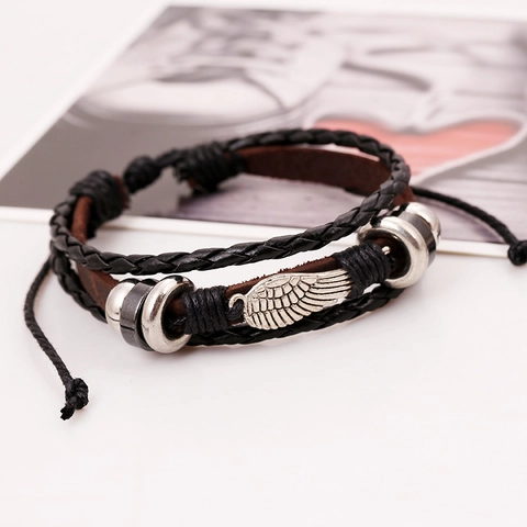Bracciale Vintage Punk in Pelle di Vacchetta Con Ciondolo ad Ala Intrecciato a Più Strati Fatto a Mano per Uomo Donna