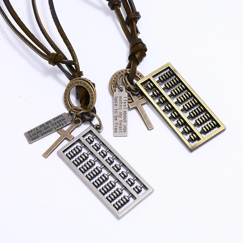 Collar con Colgante de Ábaco Cruz y Placa de Aleación Vintage Cadena de Cuerda de Cuero Retro Joyería Estilo Punk para Hombre Mujer