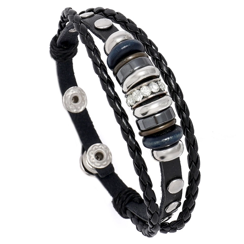 Retro Mehrlagiges Geflochtenes Lederarmband Für Damen Herren Verstellbar Punk Strass Eingelegtes Rindsleder Wickelarmband Schmuck