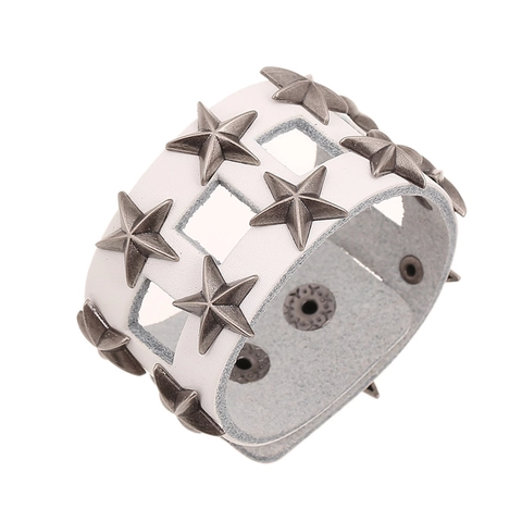 Bracciale in Pelle di Vacchetta Bianca Larga Punk Uomo Donna Vintage Argento Stella Rivetti Traforati Polsino Regolabile Gioielli Rock