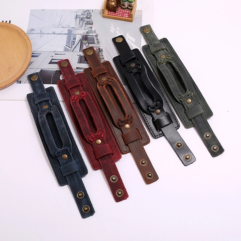 Retro Punk Multi-layer Genuine Cowhide Leather Bracelet For Men Vintage Wide Cuff Bracelet With Metal Snaps Adjustable Jewelry