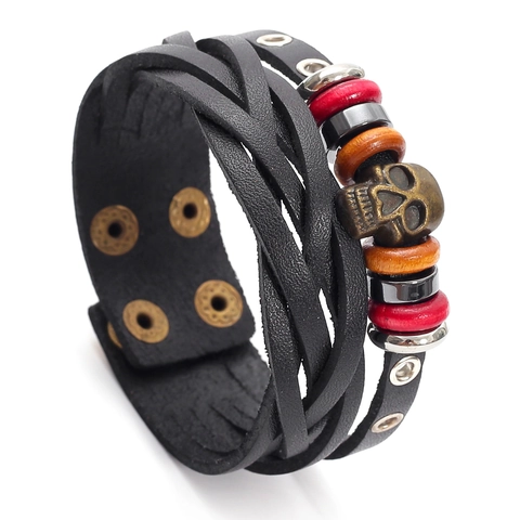 Bracciale da Uomo Vintage in Pelle di Vacchetta Intrecciato a Mano Multistrato Con Teschio in Lega Stile Rock Punk Regalo di Compleanno