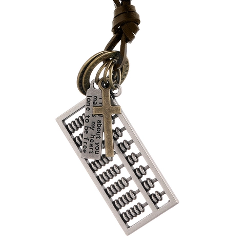 Collar con Colgante de Ábaco Cruz y Placa de Aleación Vintage Cadena de Cuerda de Cuero Retro Joyería Estilo Punk para Hombre Mujer