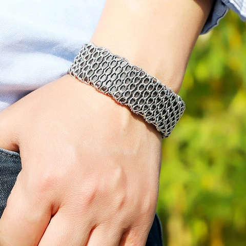 Vintage Punk Herren Rindsleder Armband Breit Metallkette Mesh Wickelarmreif Verstellbar Druckknopf Industrie Mode Schmuck
