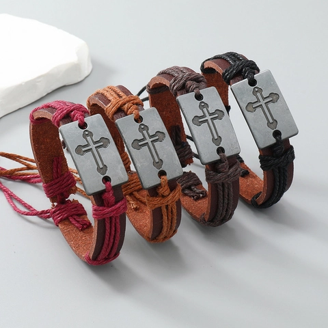 Bracciale Intrecciato a Mano in Pelle Vintage Con Piastra a Croce in Lega Regolabile Punk Gioielli Religiosi Regalo Uomo Donna