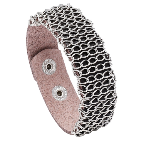 Vintage Punk Herren Rindsleder Armband Breit Metallkette Mesh Wickelarmreif Verstellbar Druckknopf Industrie Mode Schmuck