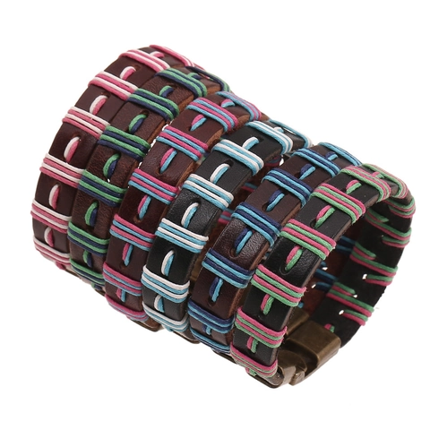 Pulsera de Cuero Genuino Trenzada a Mano para Mujer Étnica Vintage Cordón de Cera Multicolor Cierre de Aleación Joyería de Moda