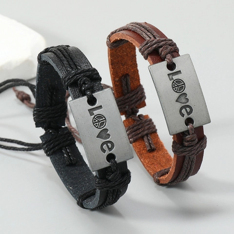 Bracciale Vintage in Pelle di Vacchetta Intrecciata per Uomo Donna Coulisse Regolabile Piastra in Metallo Love Gioielli