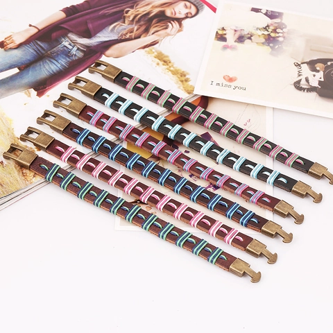 Pulsera de Cuero Genuino Trenzada a Mano para Mujer Étnica Vintage Cordón de Cera Multicolor Cierre de Aleación Joyería de Moda