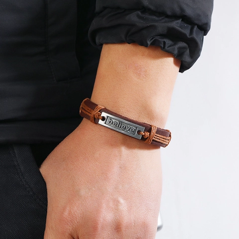 Vintage Hand Woven Cowhide Leather Bracelet Retro Alloy Believe Letter Plate Adjustable Punk Wristband Jewelry For Men Women