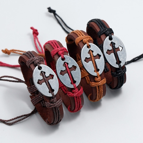 Bracciale in Pelle Intrecciata a Mano Vintage per Uomo Pendente a Croce in Lega Cordino Regolabile Punk Gioielli Religiosi