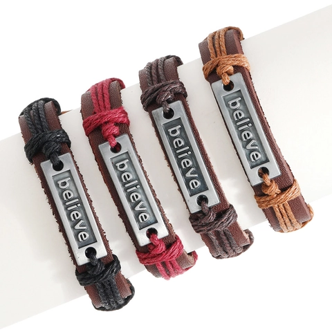 Vintage Hand Woven Cowhide Leather Bracelet Retro Alloy Believe Letter Plate Adjustable Punk Wristband Jewelry For Men Women