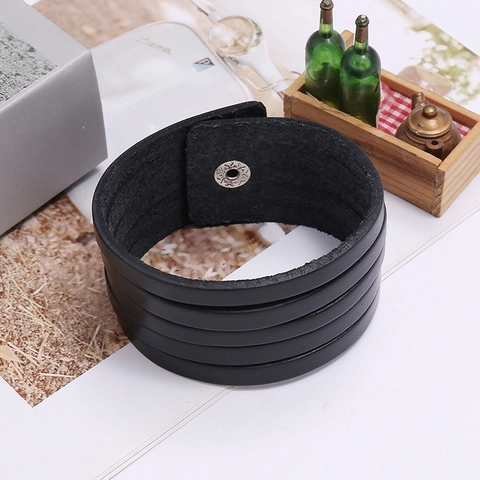 Breit Mehrlagiges Armband Rindsleder Punk Vintage Stil Schwarz Metall Druckknopf Für Herren Damen