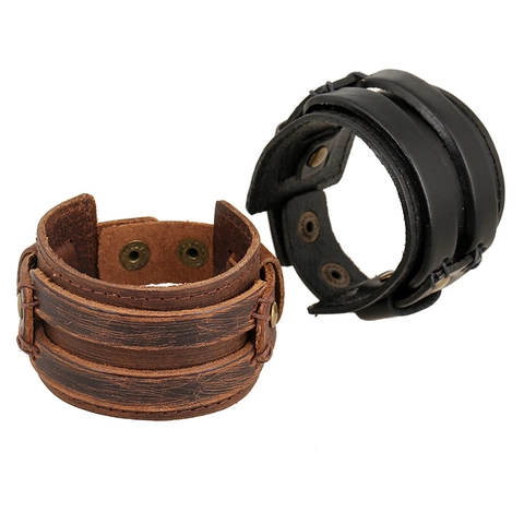 Retro Punk Multi-layer Genuine Cowhide Leather Bracelet For Men Vintage Wide Cuff Bracelet With Metal Snaps Adjustable Jewelry