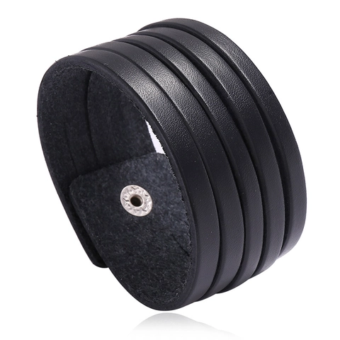 Breit Mehrlagiges Armband Rindsleder Punk Vintage Stil Schwarz Metall Druckknopf Für Herren Damen