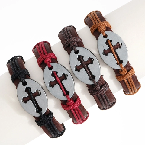 Bracciale in Pelle Intrecciata a Mano Vintage per Uomo Pendente a Croce in Lega Cordino Regolabile Punk Gioielli Religiosi