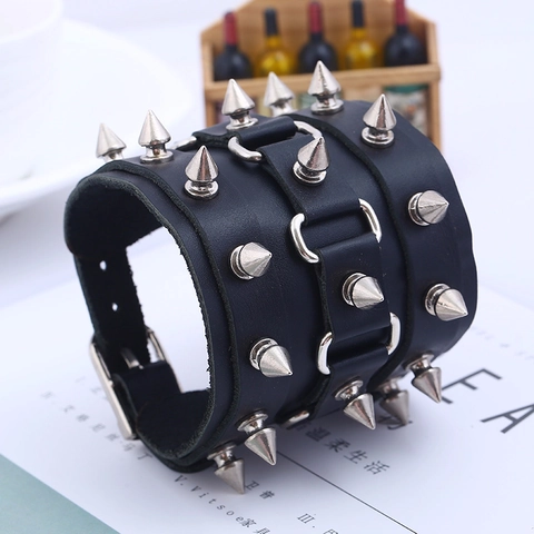 Punk Rock Rindsleder Armband Mit Legierung Konischen Spikes Gothic Breite Manschette Verstellbare Gürtelschnalle Unisex Schmuck