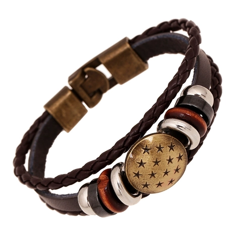 Pulsera de Cuero de Vaca de Primera Capa Trenzada Multicapa Vintage Punk Amuleto de Estrella de Aleación de Bronce Para Hombre Mujer