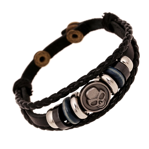 Bracciale Multistrato da Uomo in Pelle di Vacca Punk Rock Con Placca a Teschio in Lega Vintage Gioielli Street Retro Fatti a Mano