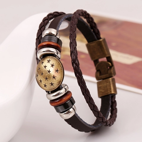 Pulsera de Cuero de Vaca de Primera Capa Trenzada Multicapa Vintage Punk Amuleto de Estrella de Aleación de Bronce Para Hombre Mujer