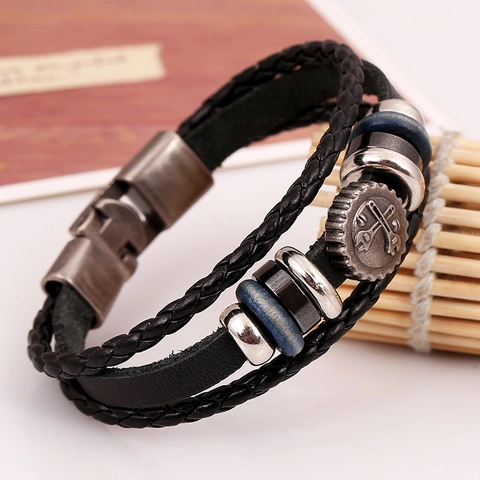 Bracciale Vintage Punk in Pelle di Vacchetta e Lega Multistrato Intrecciato Con Ciondolo a Ingranaggio e Chiave Inglese Gioielli Meccanici Retro