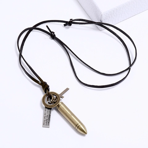Collier Pendentif Balle Rétro Punk Avec Cordon en Cuir Marron Réglable Croix en Alliage Homme Bijoux