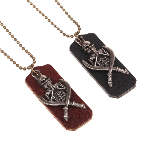 Collana con Pendente Teschio Spade Incrociate Vintage Punk Rock Lega Pelle di Vacca Catena a Sfere Lunga Collana Maglione Gioielli