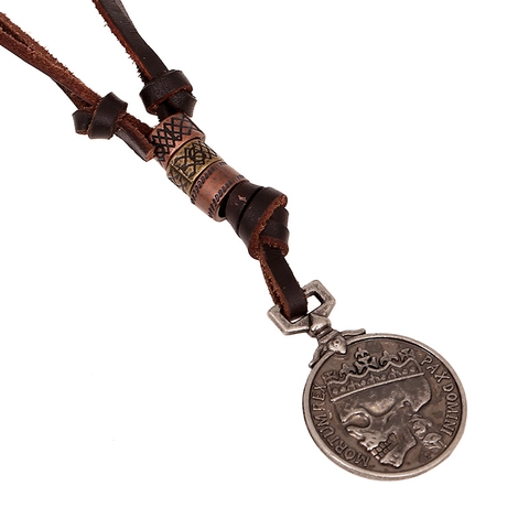 Collana con Ciondolo Medaglione Teschio Incoronato Vintage Catena in Vera Pelle Corda Lega Antica Collana Lunga Unisex Gioielli Punk Gothic