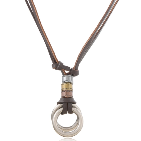 Collana Uomo Vintage con Ciondolo in Metallo a Doppio Anello e Cordino in Cuoio Regolabile Gioielli Punk Bohémien Unisex Accessorio