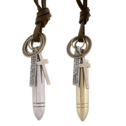 Collier Pendentif Balle Rétro Punk Avec Cordon en Cuir Marron Réglable Croix en Alliage Homme Bijoux