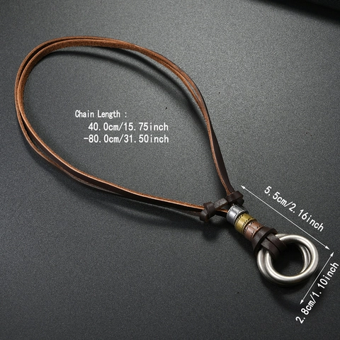 Collana Uomo Vintage con Ciondolo in Metallo a Doppio Anello e Cordino in Cuoio Regolabile Gioielli Punk Bohémien Unisex Accessorio