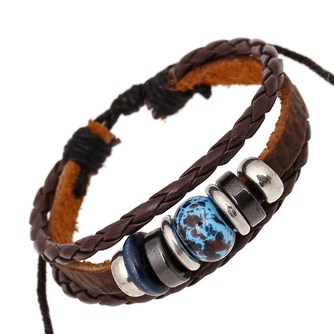 Pulsera de Cuero de Vaca de Grano Superior Retro Punk Hecha a Mano Con Cuentas de Cerámica Anillos de Metal para Hombres Mujeres Unisex