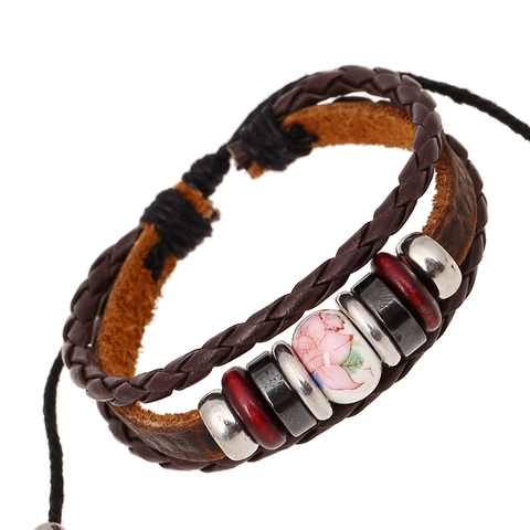 Vintage Multilayer Cowhide Leather Bracelet For Men Women Ethnic Handmade Lotus Ceramic Bead Adjustable Punk Jewelry