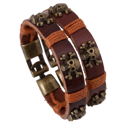 Retro Punk Leather Bracelet Set Handmade Alloy Skull Pendant Woven Bangle For Men Women Unisex Ethnic Bohemian Jewelry Gift