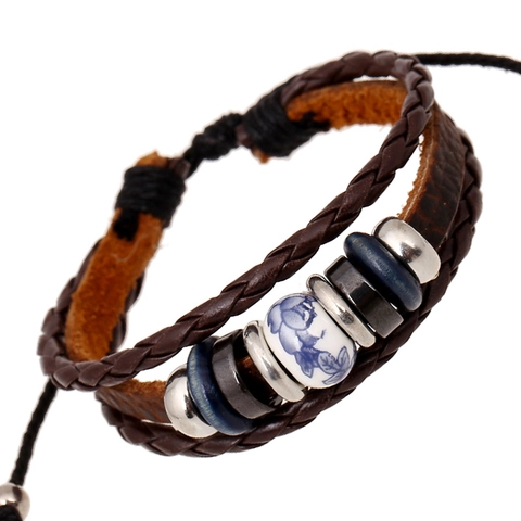 Vintage Punk Genuine Leather Braided Bracelet Blue White Porcelain Ceramic Bead Adjustable Men Women Ethnic Jewelry Bangle